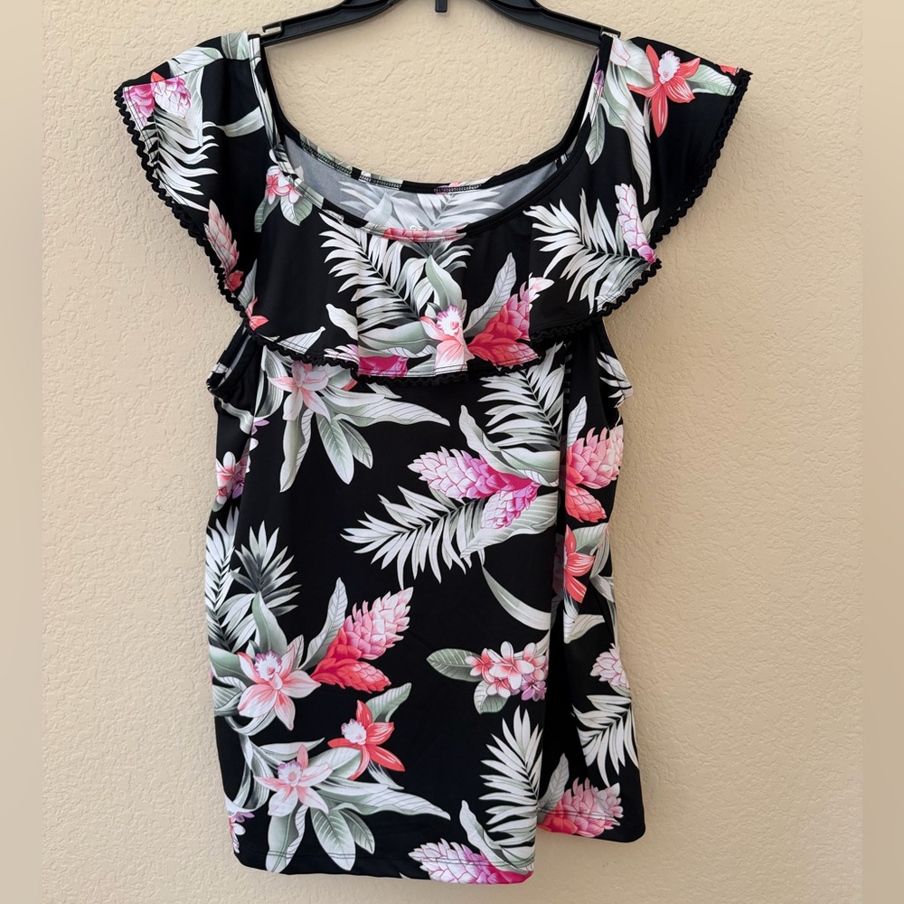 Black Floral Off-Shoulder Tunic Top with Pink & Green Print